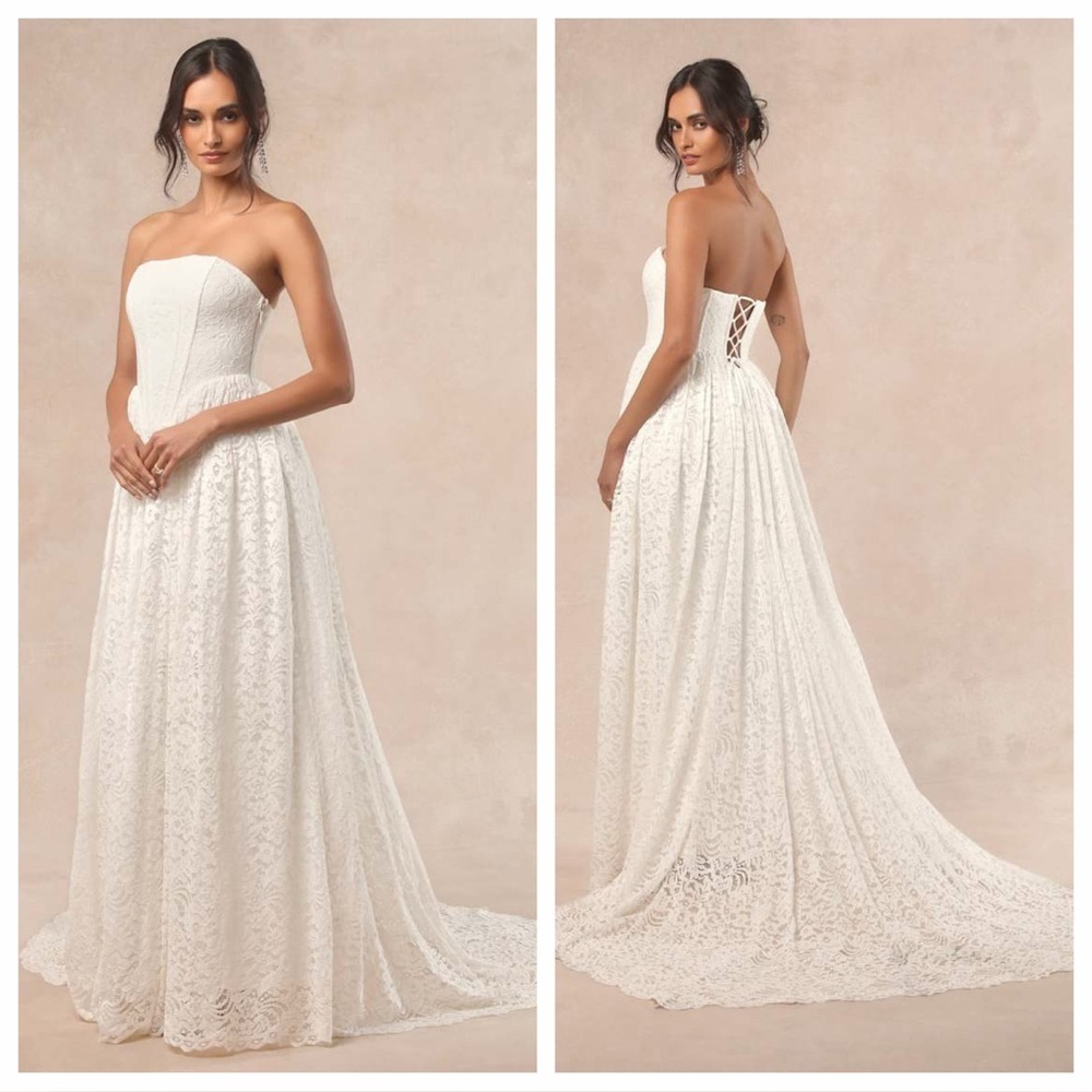 Lulus Shiori White Lace Bustier Basque Waist Strapless Maxi Dress